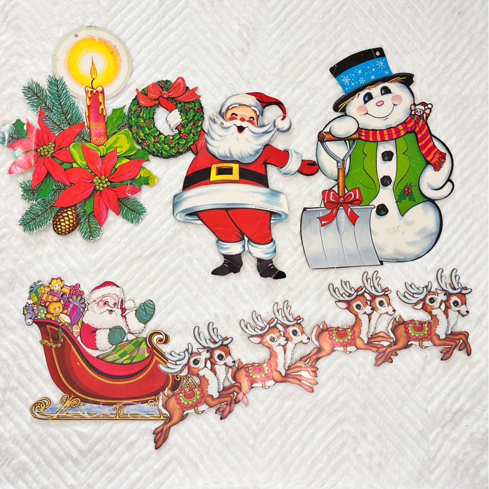 Vintage Holiday Christmas Decor Santa Snowman Reindeer Paper Die Cut out beistle